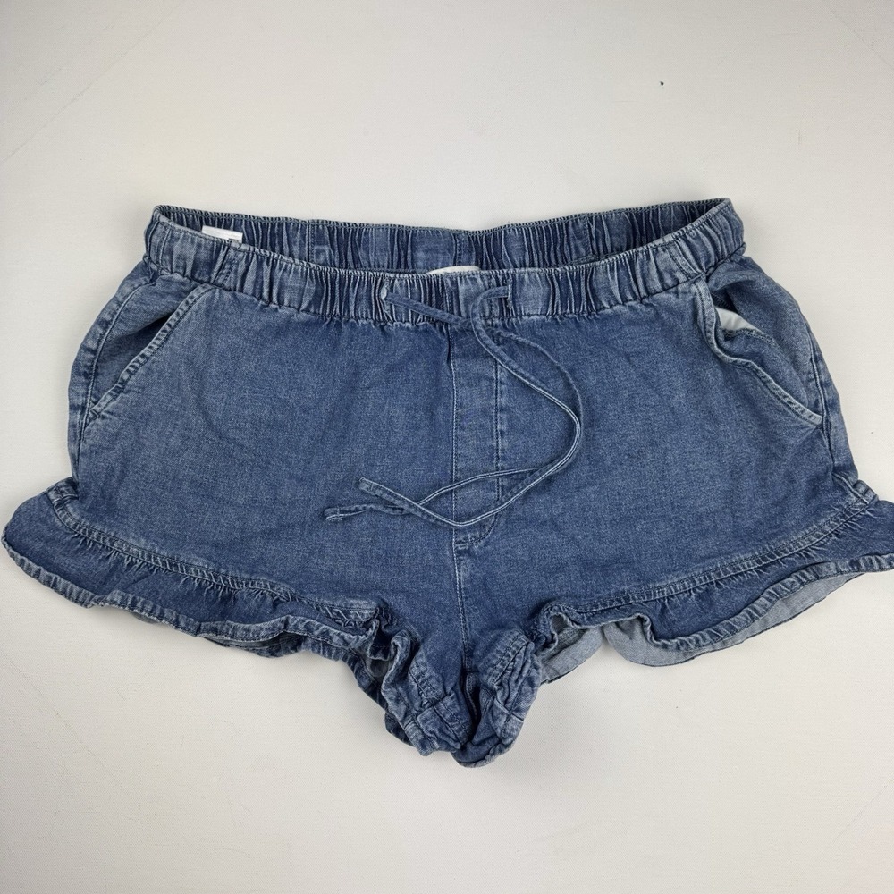 American Eagle Denim Ruffle Shorts Large Stretch Drawstring Pull On Blue